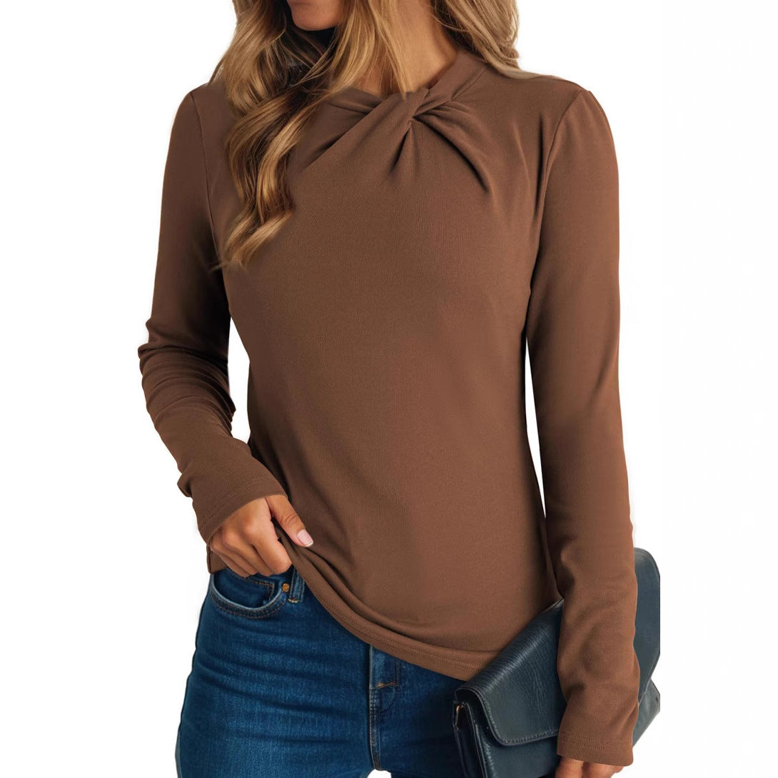 Crossed neckline, pleated, slim-fit long-sleeved top
