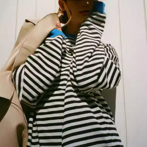 Striped crew neck color-block loose long-sleeved sweatshirt