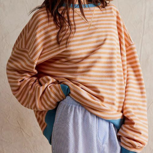 Striped crew neck color-block loose long-sleeved sweatshirt