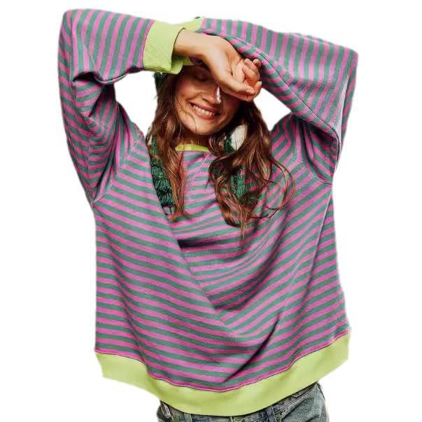 Striped crew neck color-block loose long-sleeved sweatshirt