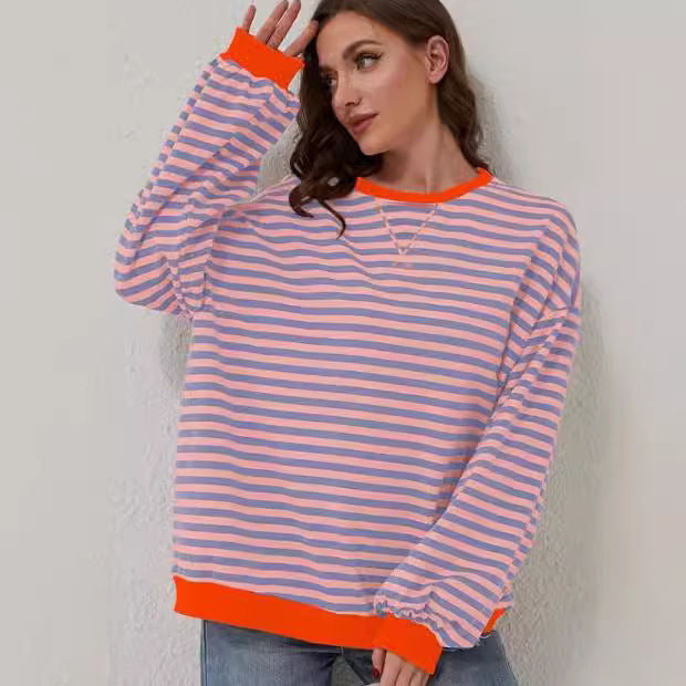 Striped crew neck color-block loose long-sleeved sweatshirt